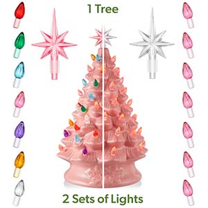 pre-lit, bulbs, ceramic, hand-crafted, green, white, pink, black, orange, purple, retro, classic