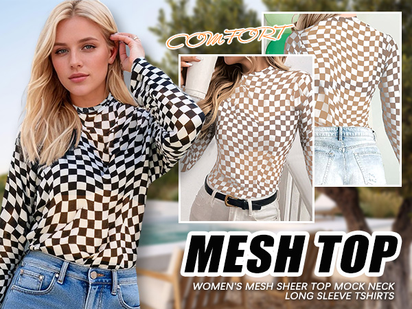 MARZXIN Women Mesh Long Sleeve Checkered Print Undershirt