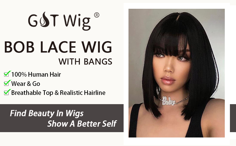 G&T Wig 14" Straight Human Hair Lace Bob Wig With Bangs
