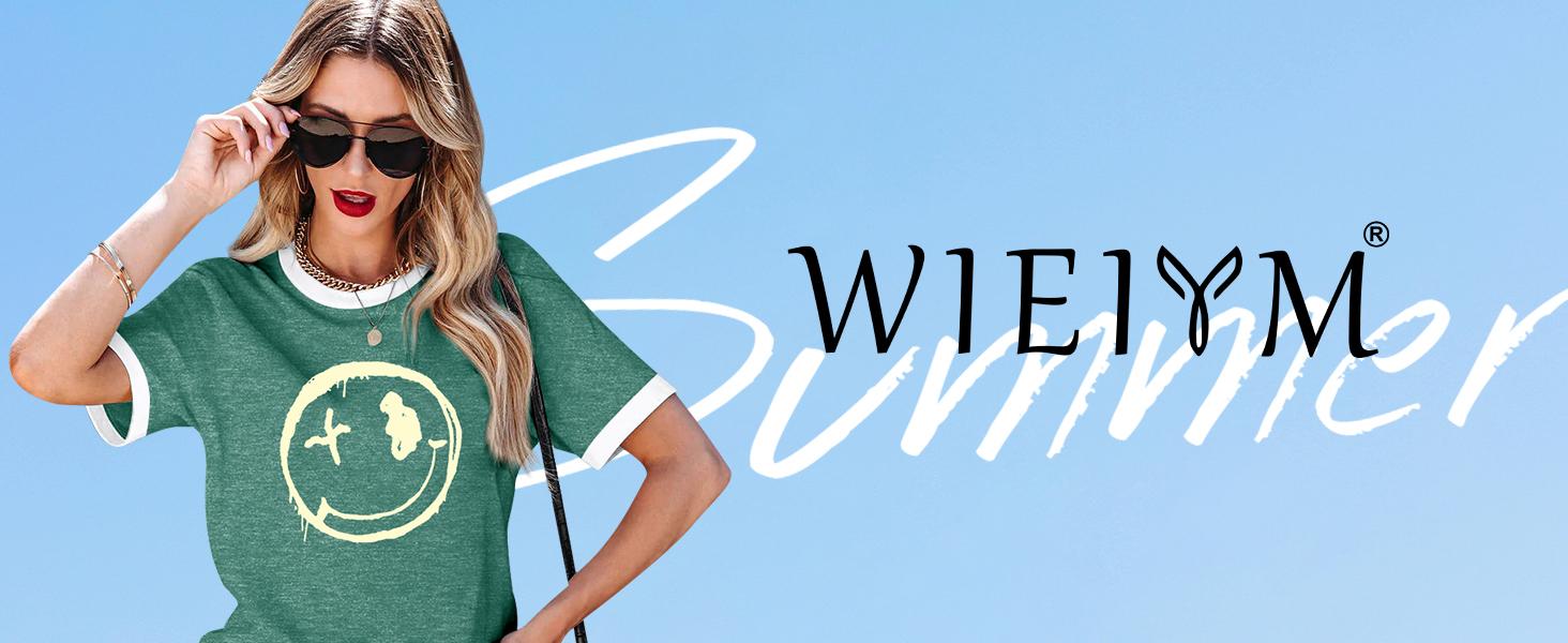 WIEIYM Women's T-Shirts Crew Neck Short Sleeve Ladies T Shirts Casual Summer Tops Smile Face Printed Tee Shirts Blouse S-XXL 8 womens t shirts