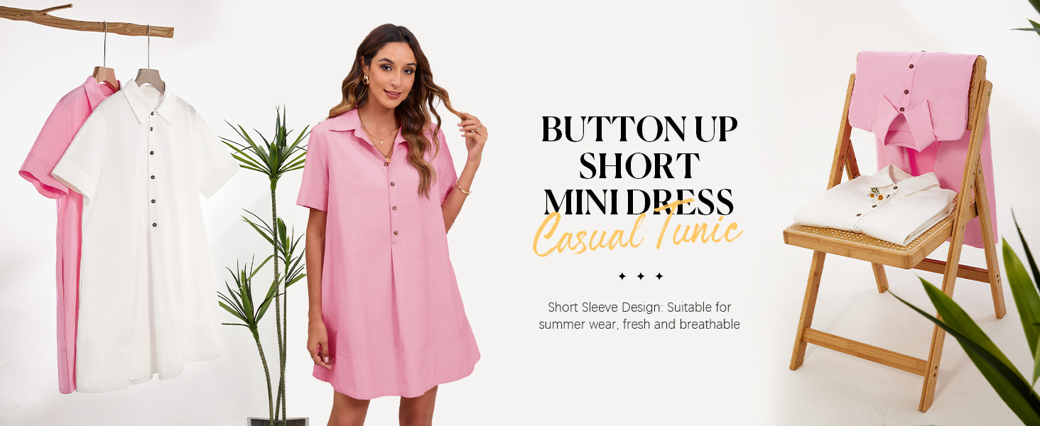Wenrine Womens Button Up Collared V Neck Dresses