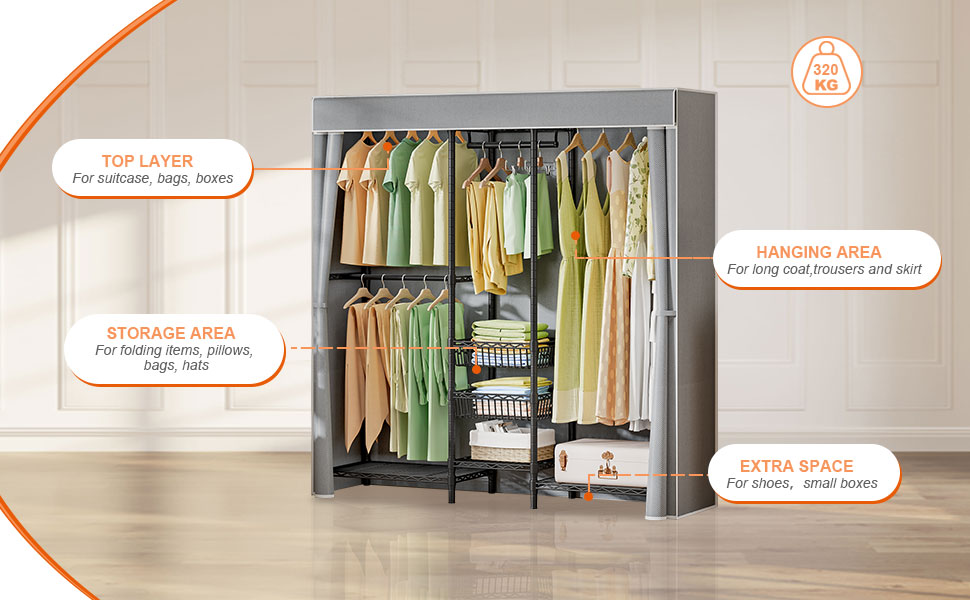 FTEYUET Portable Wardrobe, Heavy Duty Covered Clothes Rail Wardrobes