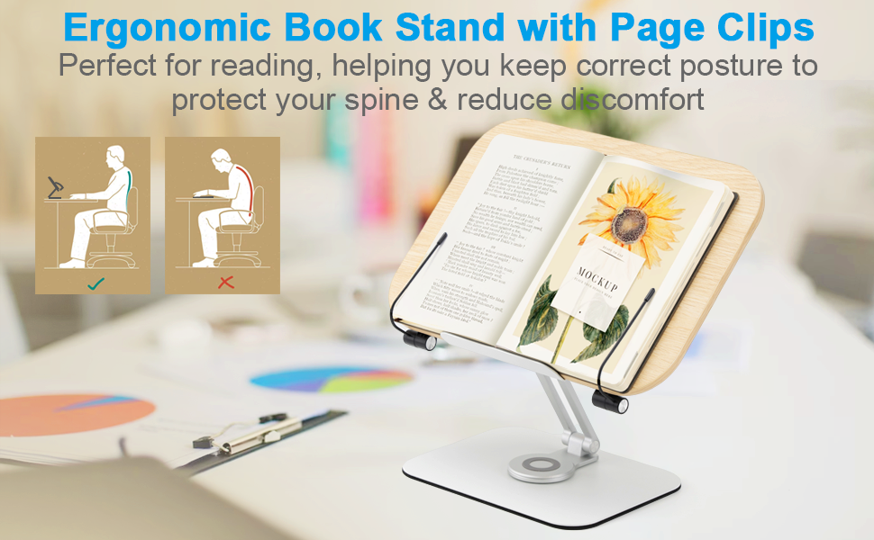 Book Stand for Reading, 360° Rotate Height & Angle