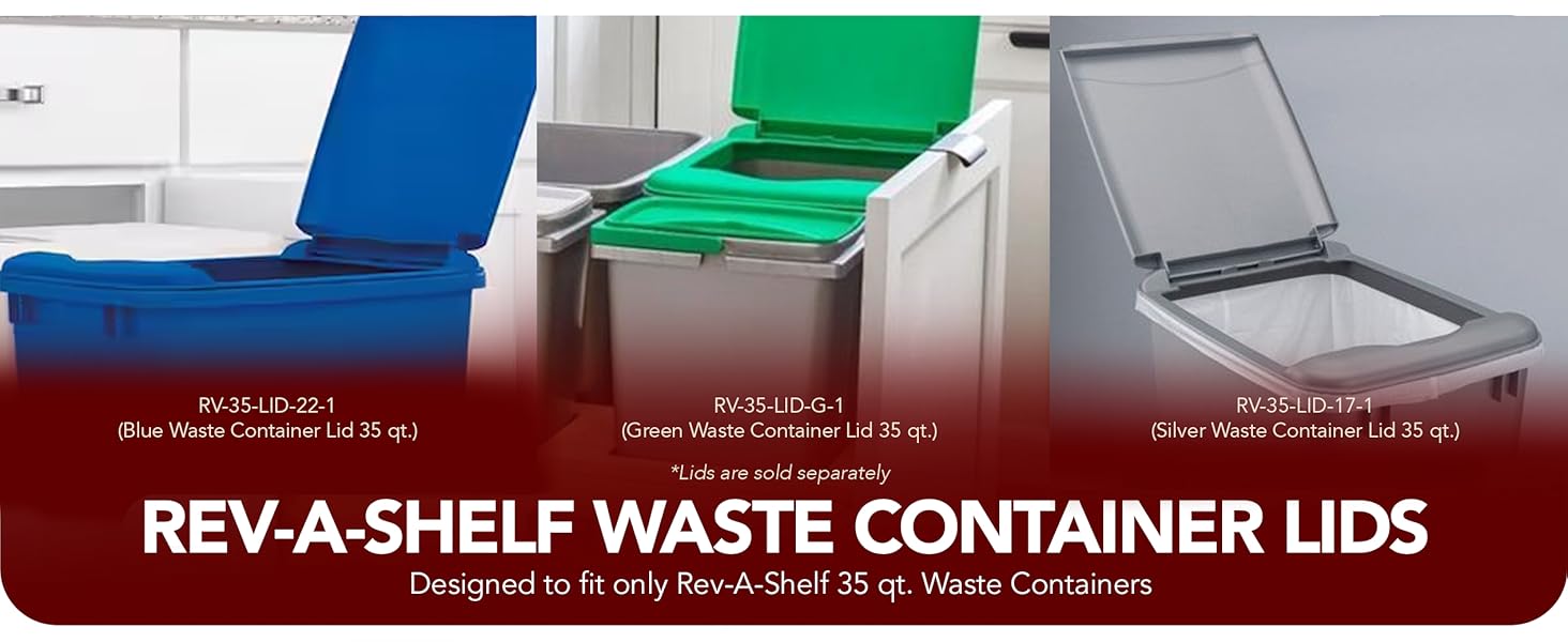 Different type of waste can lids. Text reads: Rev-A-Shelf Waste Container Lids.