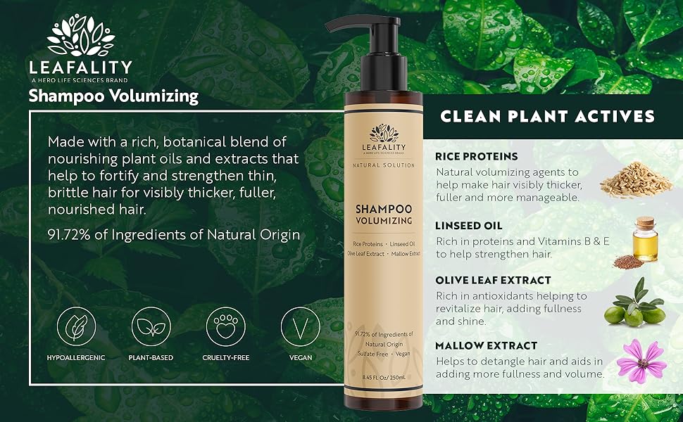 Volumizing Shampoo clean actives: rice proteins, linseed oil, olive leaf extract, mallow extract