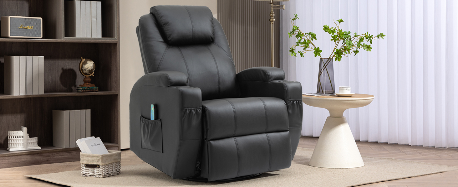 Schwarzer Ledersessel mit gepolsterter Kopfst&uuml;tze und Armlehnen in einer Wohnumgebung mit elektrisch verstellbarer Liegefunktion