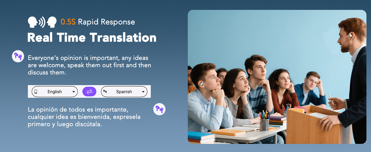 Interface of a real-time translation app showing various language options and a group of people in a meeting setting.