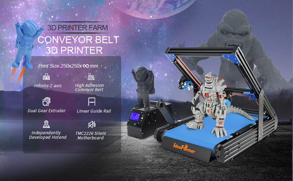 IdeaFormer3D IR3 V1 Direct Extruder FDM Conveyor Belt 3D Printer Infinite Z Axis 250×250×∞mm