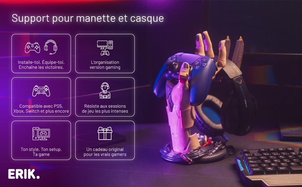 Images promotionnelles liées aux jeux avec des effets d'éclairage violets montrant divers éléments d'interface et accessoires de jeu sur fond sombre.