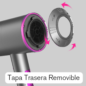 Primer plano de un dispositivo cilíndrico, probablemente un secador de pelo, con una tapa trasera extraíble. Las flechas moradas indican las partes desmontables del cuerpo metálico gris