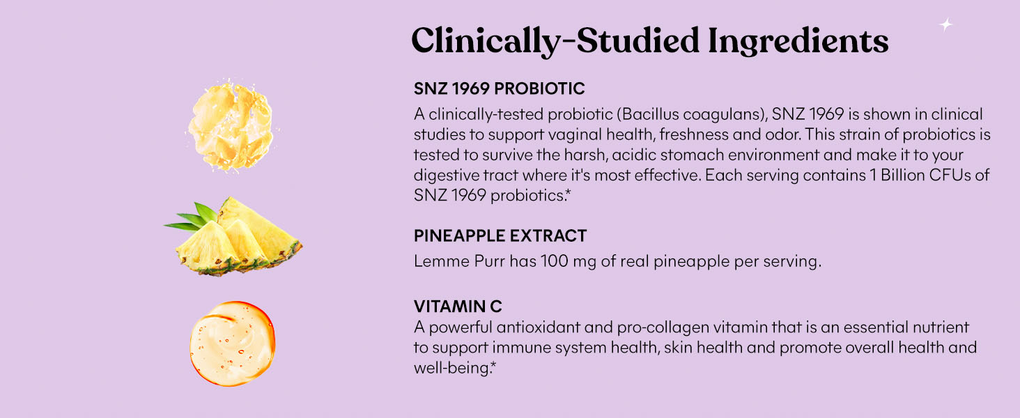 clinically-studied ingredients, SNZ 1969 probiotic, pineapple, vitamin C
