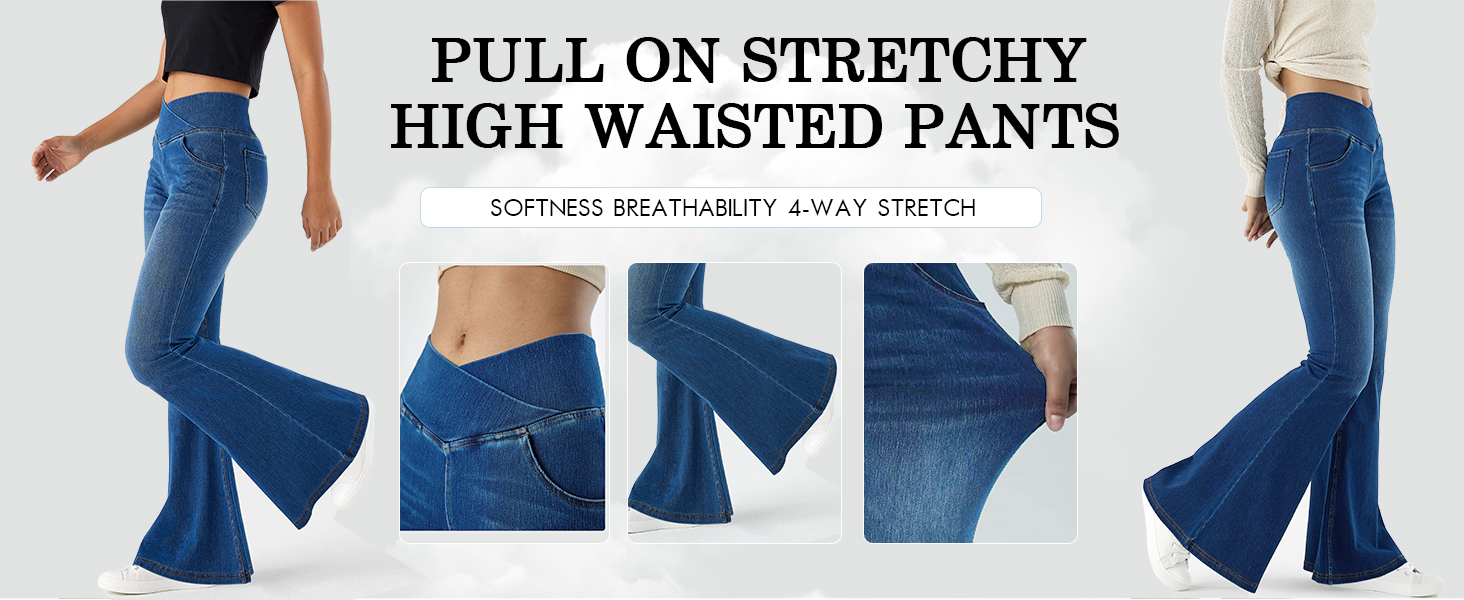 Bell Bottom Jeans for Women High Waisted Flare Jeans Pull On Crossover Flared Pants with Pockets