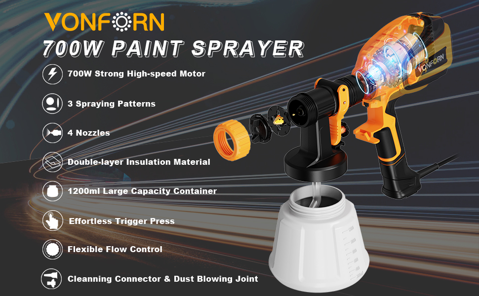 VONFORN Paint Sprayer, 700W HVLP Spray Gun with Cleaning