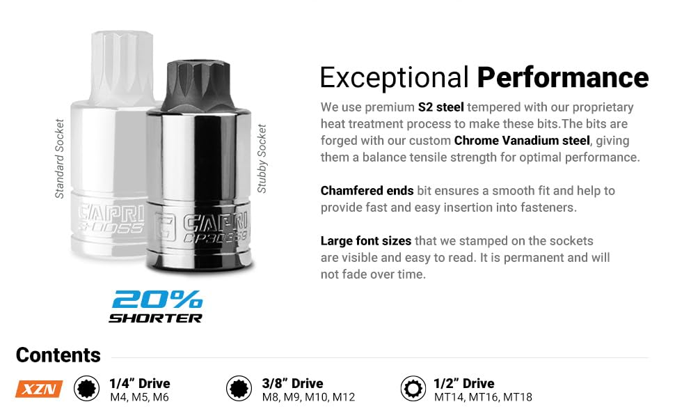 Capri Tools Stubby XZN Triple Square Bit Socket Set, 10Piece, XZN Bit