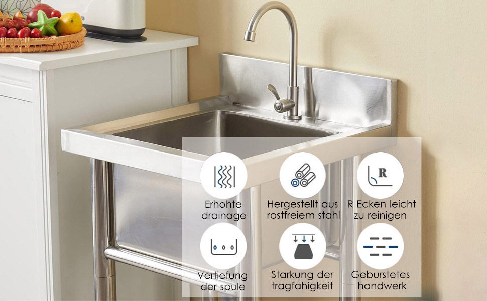 Stainless Steel 1 Basin, Freestanding Outdoor Camping Sink with Tap