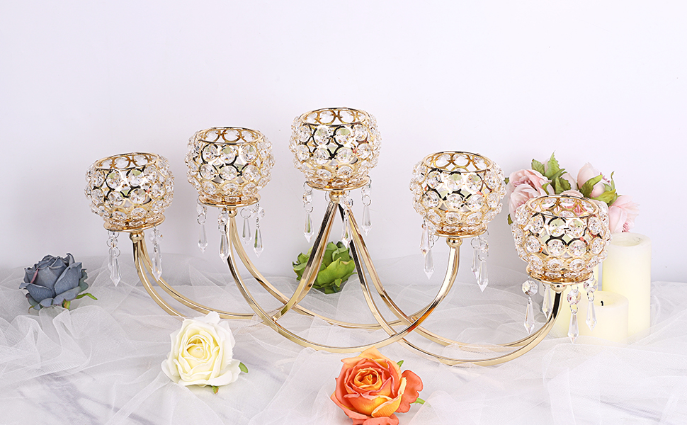 OwnMy 5 Arms Gold Crystal Bowl Candelabra Crystal Tealight