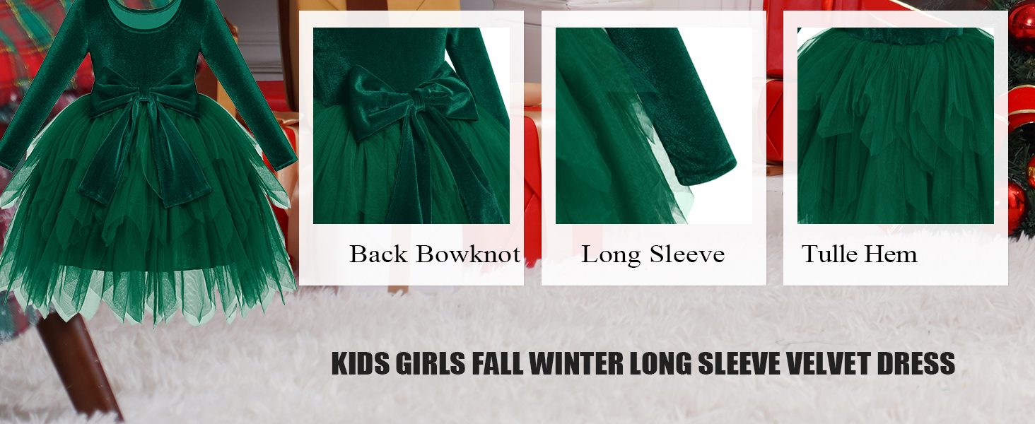 Kids Girls Fall Winter Long Sleeve Velvet Asymmetric Handkerchief Hem Tiered Tulle Tutu Dress