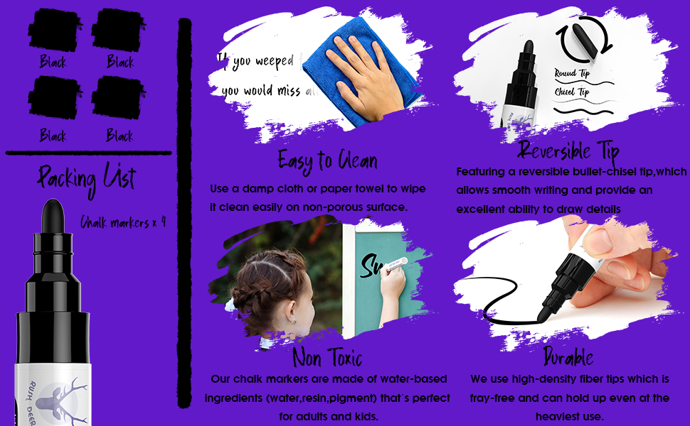 Liquid Chalk Marker Pens, Rush Deer 4 Black Premium Dry