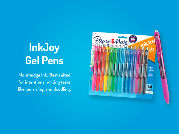 inkjoy gel pens teacher student colorful blue background no smudge intentional writing task journal