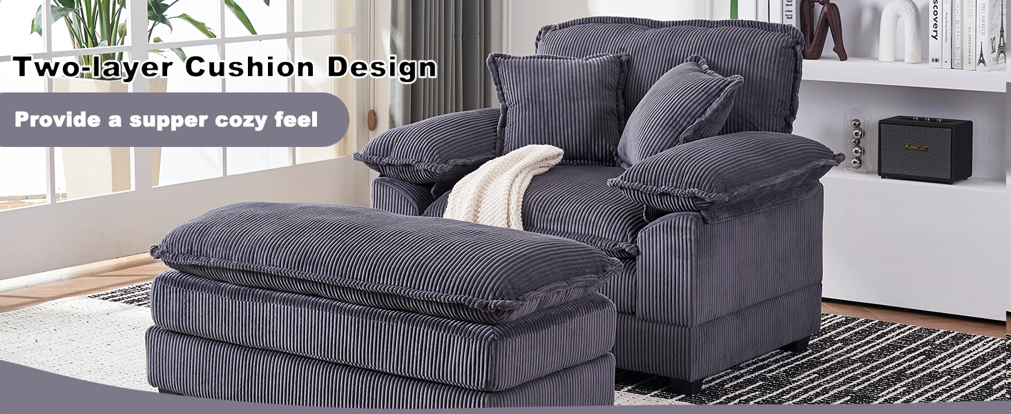 Corduroy Overstuffed Chaise Lounge Chair, Oversized 47" W