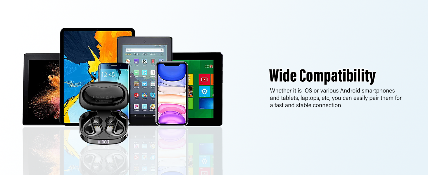 Multiple electronic devices including smartphones, tablets, and wireless earbuds displayed together, showcasing wide compatibility across different brands and operating systems.