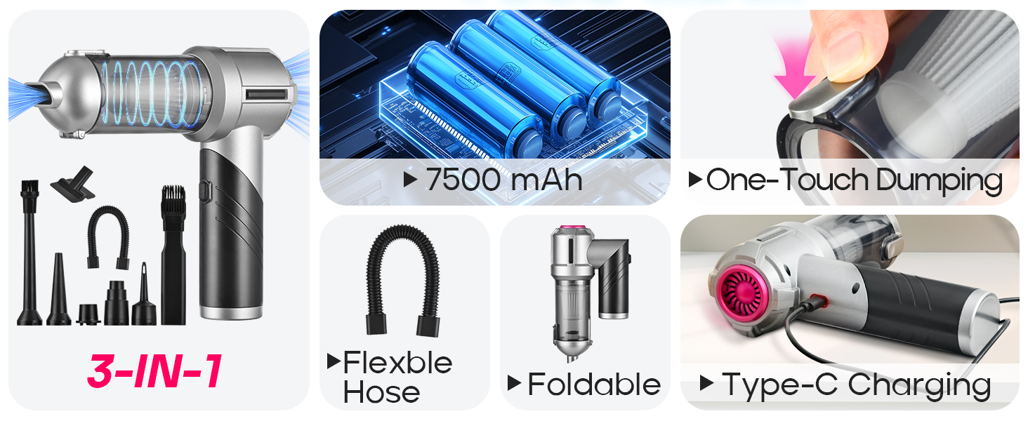 7500mAh Rechargeable Mini Vacuum with Type C and One-Click Emptying