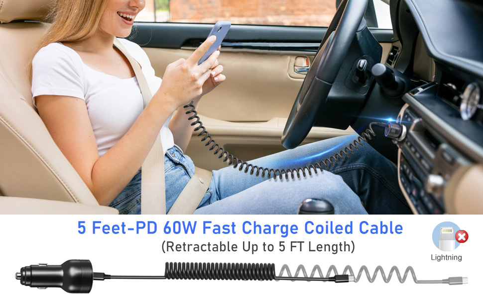 car charger usb c fast charger with 5ft coiled usb c type c cable