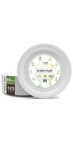 10 inch 125 pack plastic free disposable bagasse plates in white