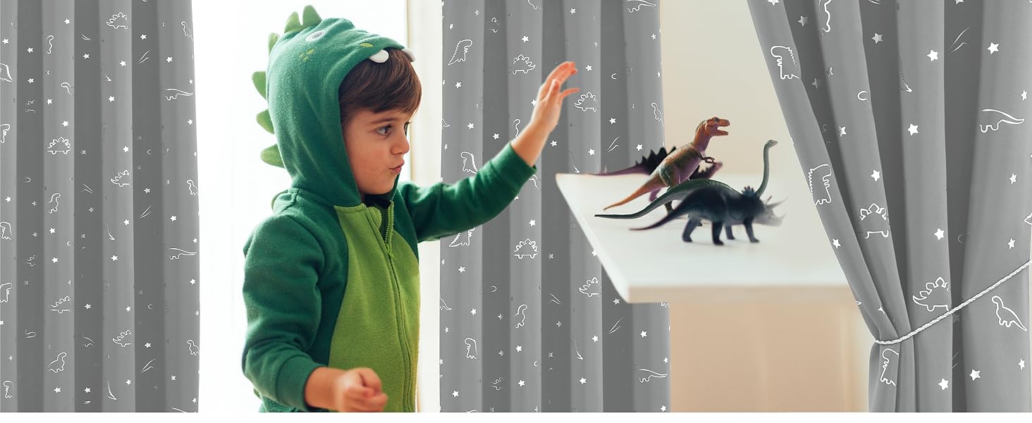 Dinosaur Foil Blackout Curtains for Kids Room Thermal Insulated Noise Reduce Drape for Boys Bedroom