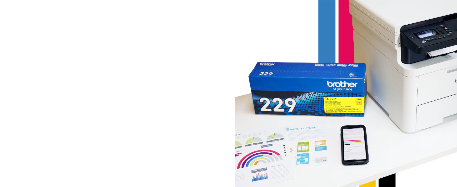 HLL3300CDW  3-in-1 printer, printed marketing reports, phone with Brother Mobile Connect app