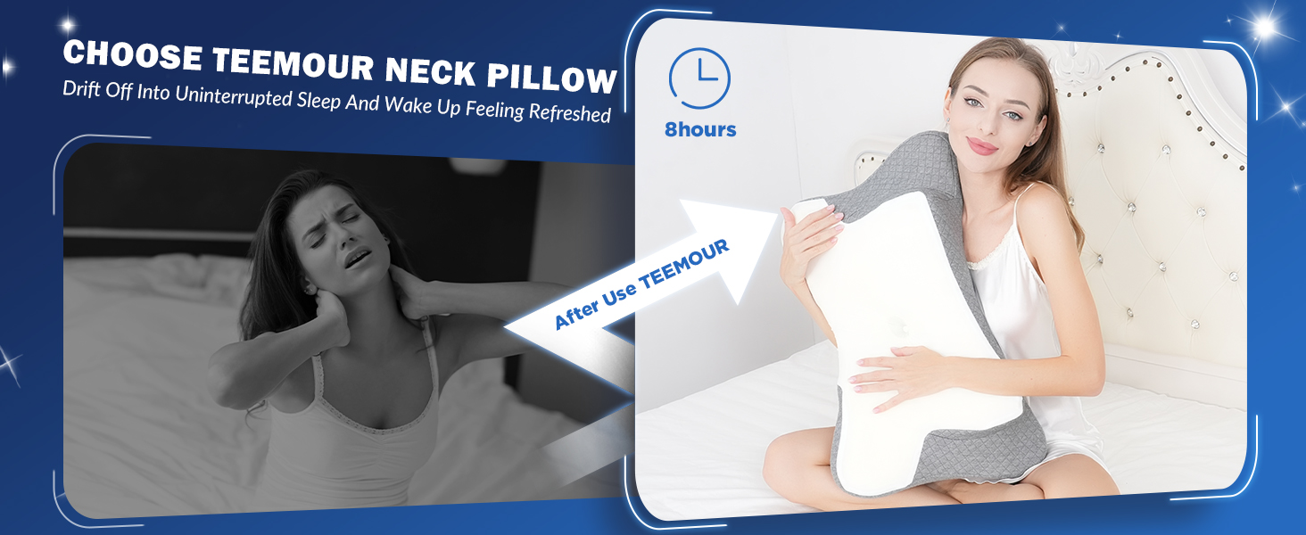 Image en panneau divisé d'un coussin pour la nuque. À gauche : une femme qui dort avec une gêne au cou. À droite : femme tenant un oreiller en L, démontrant un soutien adéquat de la nuque pendant le sommeil.