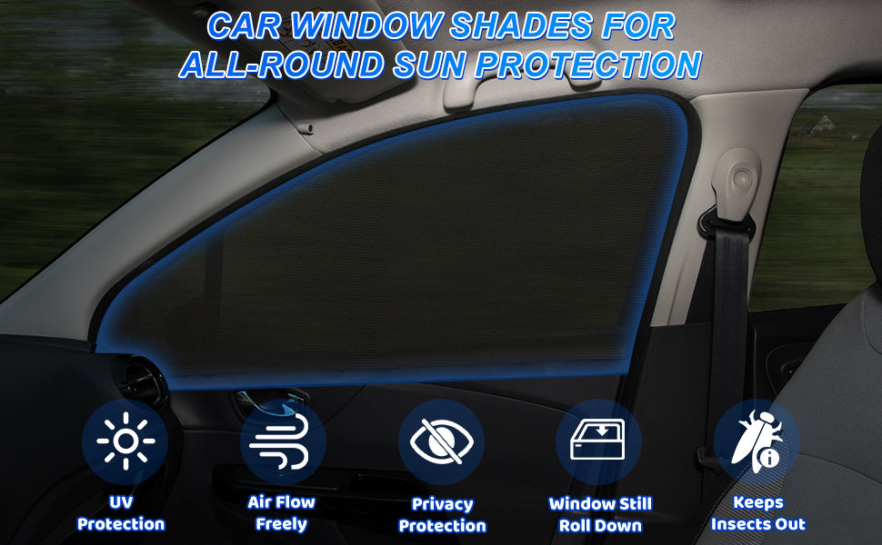 Car window shade with blue trim, installed on driver's side window. Icons below illustrate benefits: UV protection, air flow, privacy, window operation, and insect prevention.