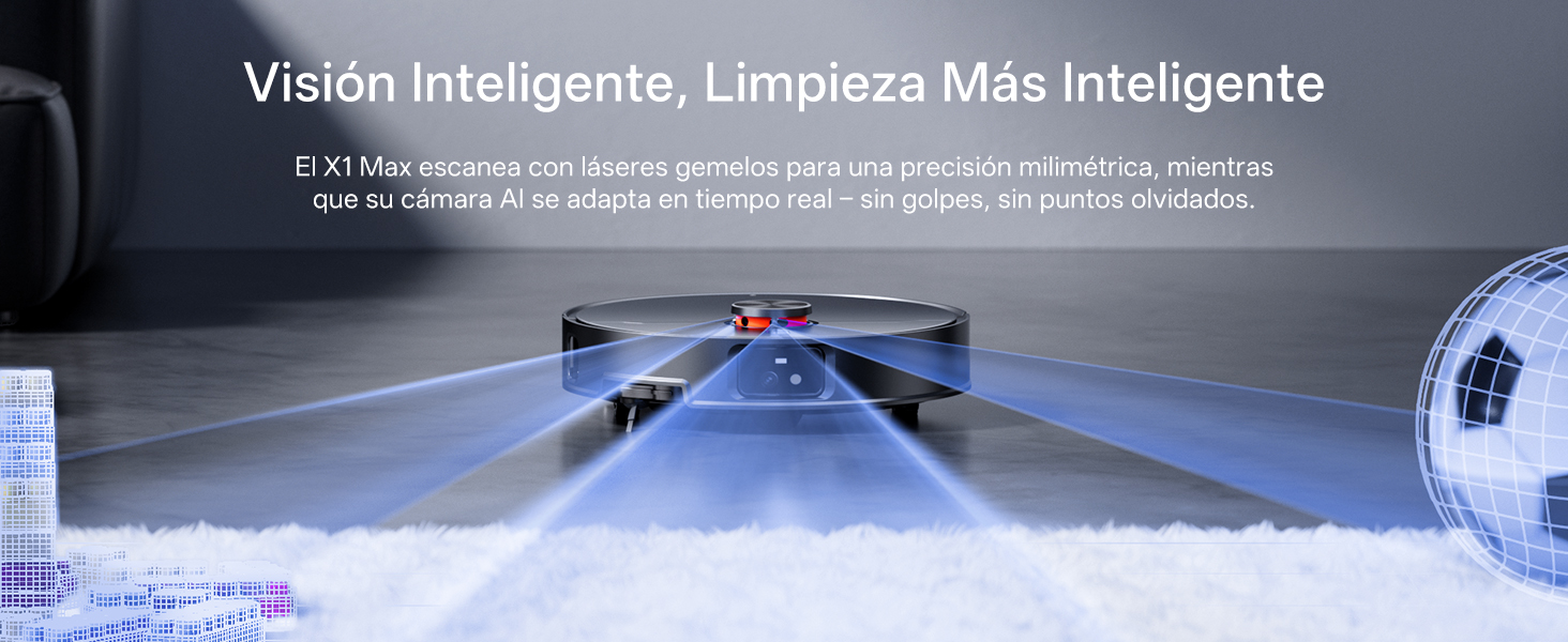 El texto dice «Visión Inteligente, Limpieza Más Inteligente». Espacio tecnológico o industrial teñido de azul que muestra equipos automatizados.