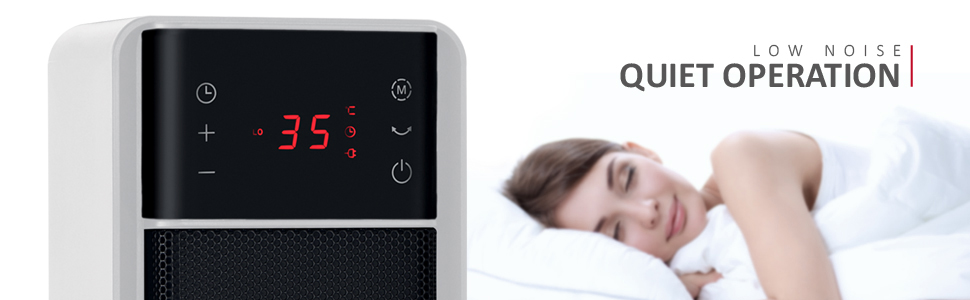 Text reads 'QUIET OPERATION LOW NOISE'. Digital display showing '-35' on black device panel. Shows device interface with temperature reading and sleep-related imagery.