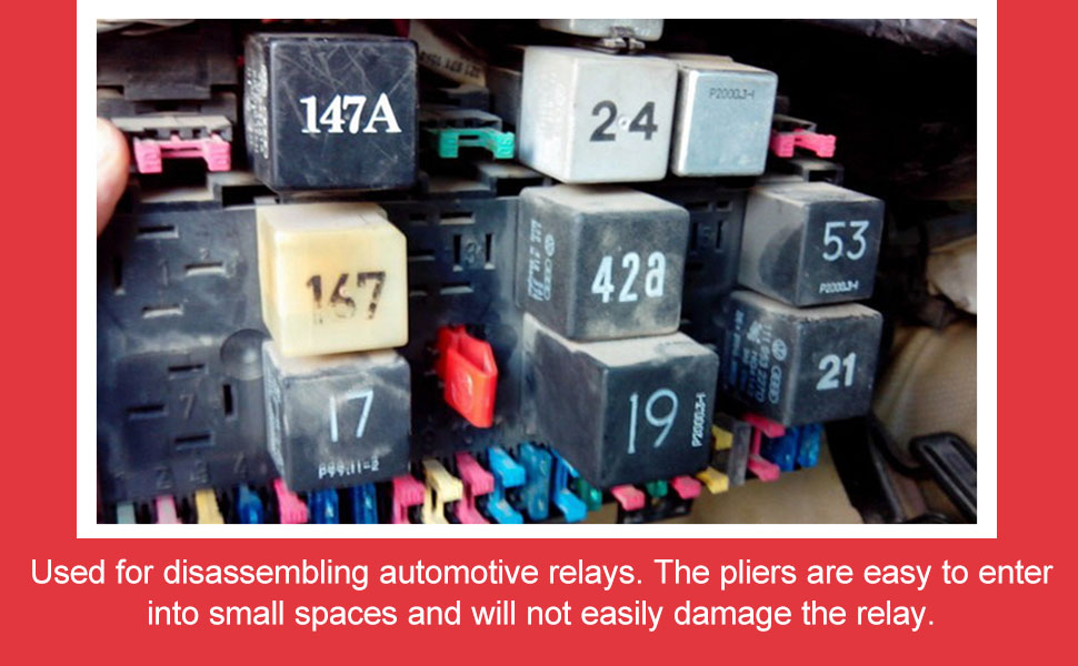 Collection of numbered automotive relays in various sizes, mounted in a compartment with blue and pink connectors. Numbers visible include 147A, 24, and 53.