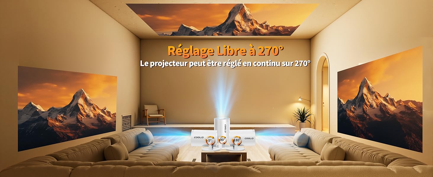Salle de cinéma maison avec écran de projection mural montrant un paysage de montagne. La chambre dispose d'un éclairage d'ambiance et d'une disposition confortable des sièges sur des murs aux tons chauds.