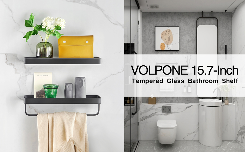 VOLPONE Bathroom Wall Shelf Black Glass Shelves 15.7in