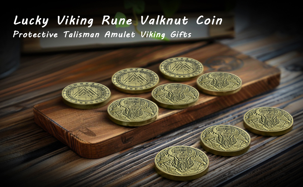 Gold-colored Viking rune coins with intricate designs, displayed on a wooden surface. Coins feature embossed patterns and symbols associated with Norse mythology and Viking culture.