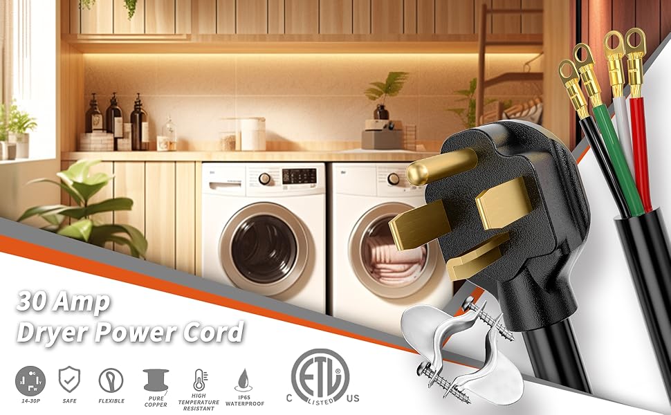 30 Amp 4 Prong Dryer Cord 5 FT Black, 10/4 Gauge Appliance Dryer Power Cord NEMA 14