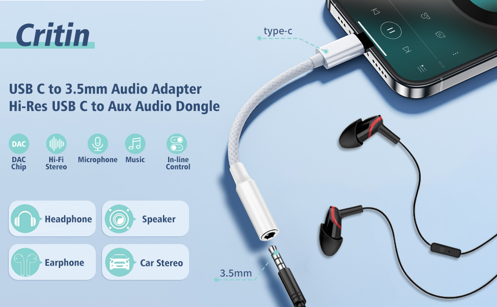 USB C to 3.5mm Jack, Type C to Headphone Adapter, Type C to 3.5mm