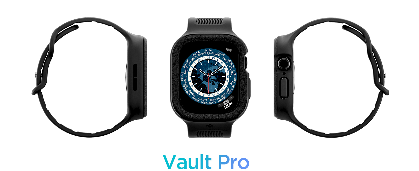 Schwarze Smartwatch mit rechteckigem Zifferblatt und blauem und weißem kreisförmigem Design. Die Seiten- und Schrägansichten zeigen ein schlankes Profil und ein schwarzes Band