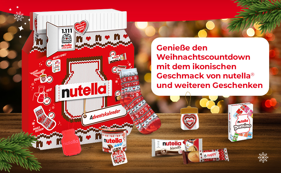 Der Text lautet „Nutella“ und „Genieße den Weihnachtscountdown mit dem Ikonischen Geschmack von Nutella“. Rotes Werbebanner mit Nutella-Logo und Weihnachtsmotiv.
