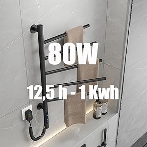 Sèche-Serviettes Électrique, Pivotant à 180 ° Porte-Serviettes Chauffant, Chauffe-Serviettes électrique Mural Avec Thermostat(45-70℃) Minuterie, Écran LED, 660x420cm, 80W, Noir 16 9595