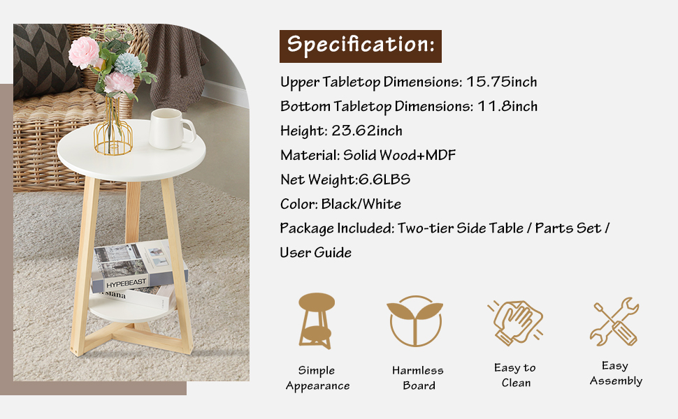 TINSAWOOD Round Side Table, TwoTier White Side Table for