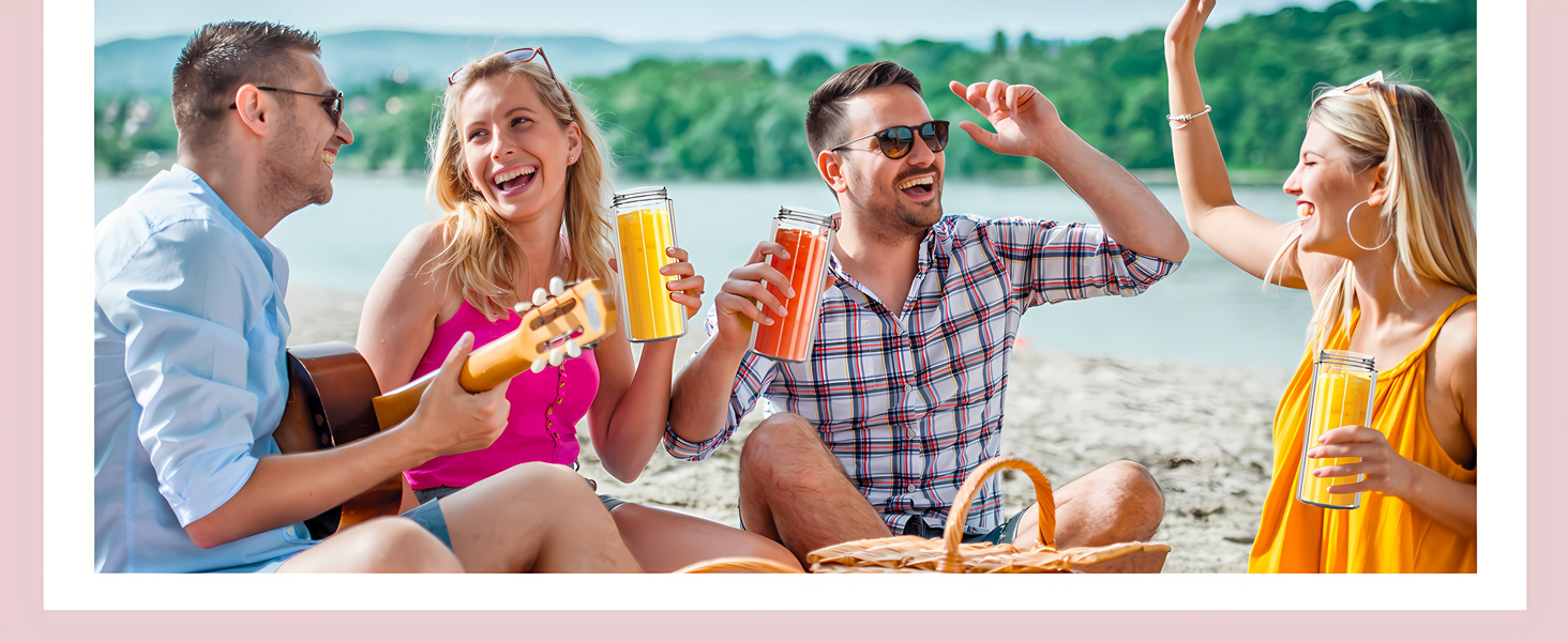 Group enjoying outdoor gathering around a table, sharing food and drinks in sunny weather. Multiple frames show social interaction and dining.