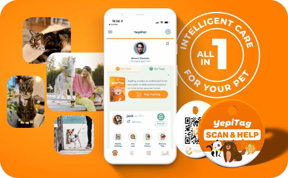 composing of Yepipet app, yepipet pet tag, photos of cats, and dogs indoor and outdoor