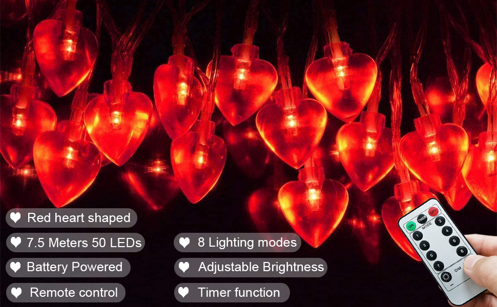 Abkshine 8M 50 LED Heart String Lights for Valentines Decorations