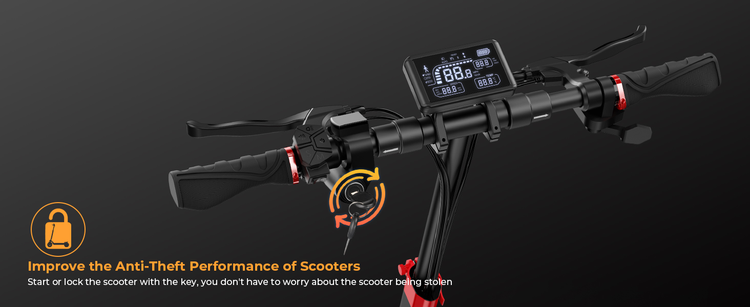 Black electric scooter handlebar display and controls showing digital interface with anti-theft system indicator.