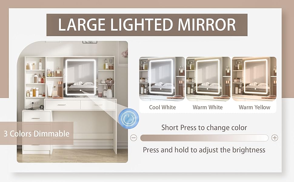 Fameill Vanity Desk with Mirror and Lights, White Vanity