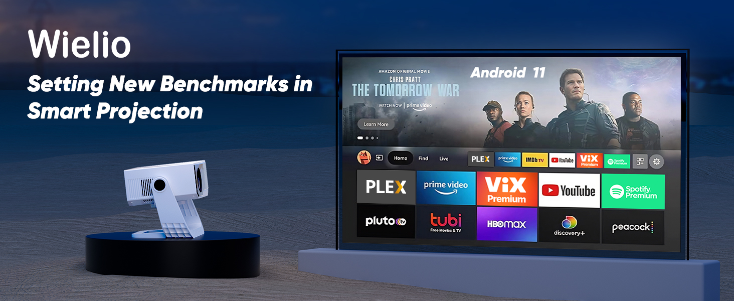 Widescreen display showing streaming service interface with multiple content thumbnails and menu options against dark background.